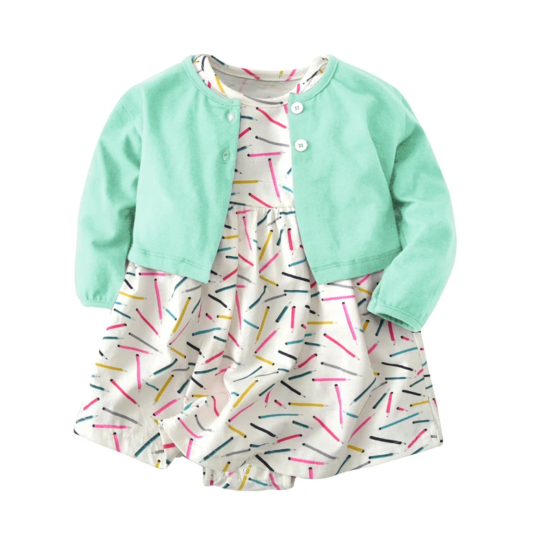 2018 Одежда для новорожденных девочек хлопок чистый зеленый кардиган небольшой платок + с короткими рукавами платье с цветочным рисунком 2