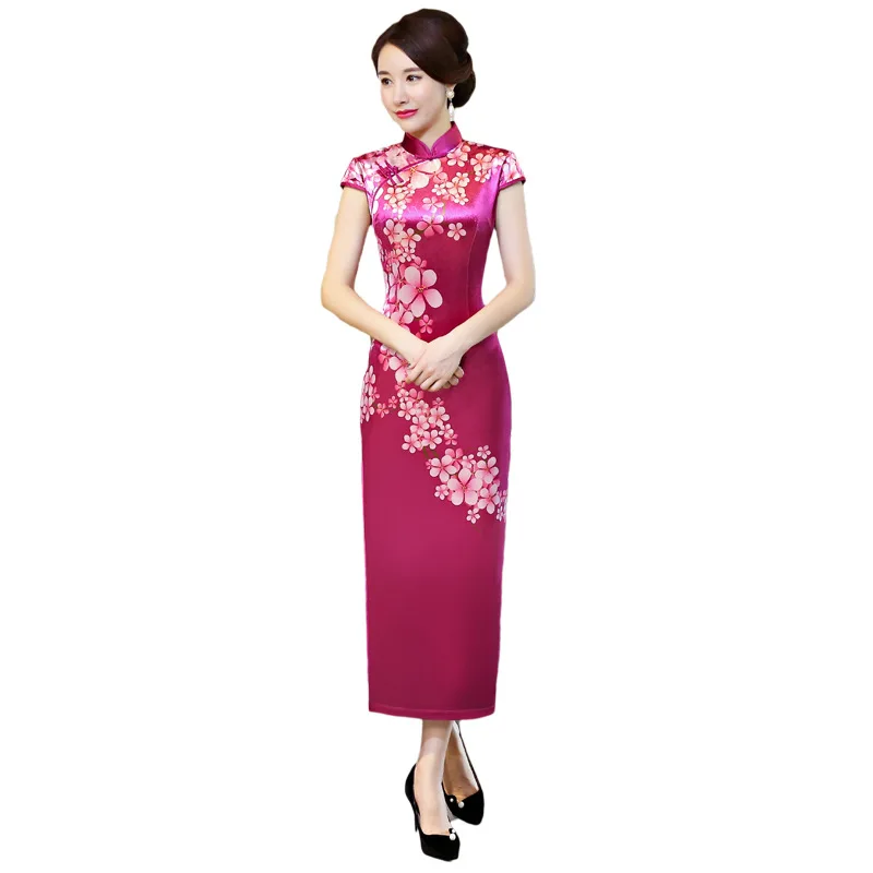 

New Autumn Winter Models Velvet Long Cheongsam Stand Collar Plate Button Short Sleeve Daily Ethnic Style Cheongsam Qipao