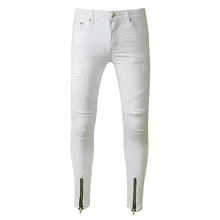 Белые обтягивающие рваные джинсы мужские на молнии манжеты супер тонкие стрейч джинсы брюки мужские уличные хип хоп брюки для байкеров черный синий