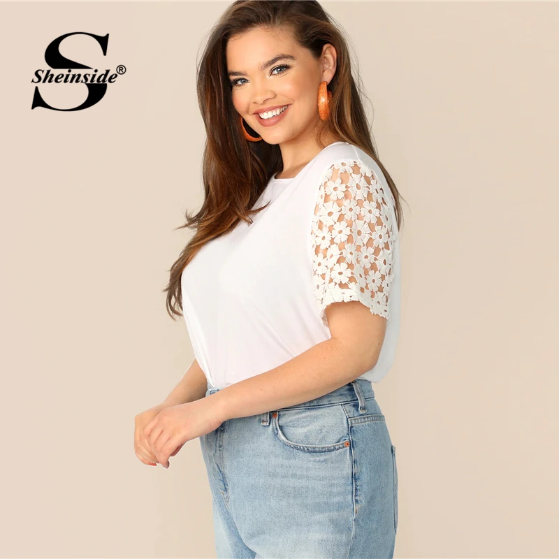 Sheinside زائد حجم الأبيض جبر الدانتيل كم المحملة النساء 2019 الصيف تجويفه قصيرة الأكمام المحملة السيدات الصلبة الأساسية أعلى