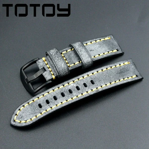 

TOTOY Waxed Leather Watchband 20MM 22MM 24MM, Gray Black Italian Leather For PAM Military Watch Watchband