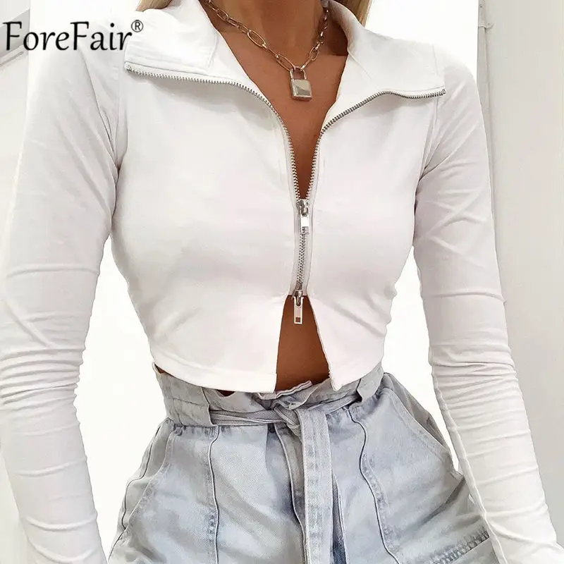 Most effective  Forefair Zipper Autumn Winter Cropped Jacket Coat Women Casual V Neck Black White Streetwear Top