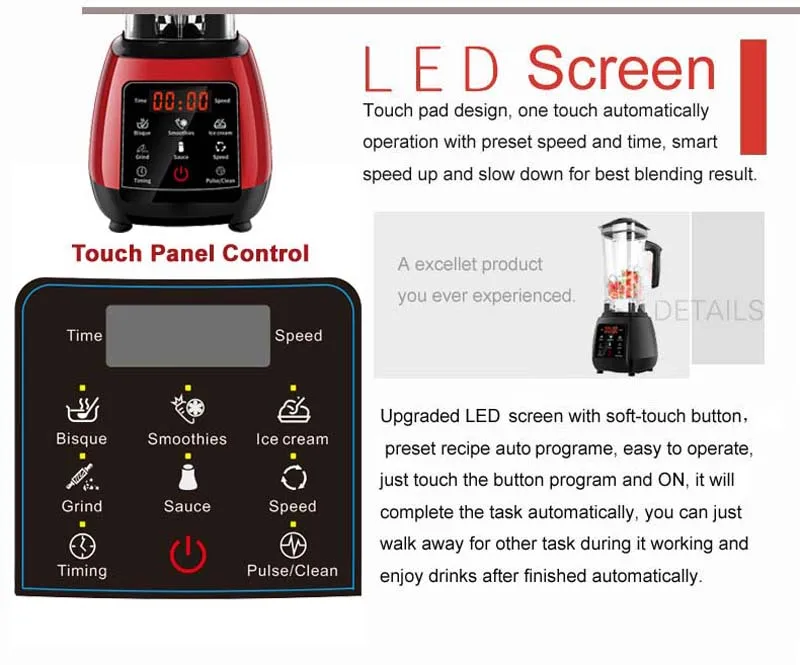 2200W BPA бесплатные цифровые фоновые заставки с сенсорным экраном автоматический 2L профессиональный блендер, миксер соковыжималка высокое Мощность Еда процессор ледяной смузи фрукты