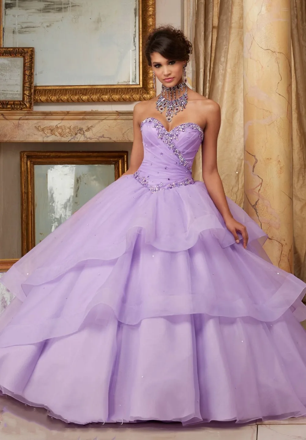 JaneVini бутон лаванды платье длинное бальное платье без бретелек Quinceanera блестками и расшитой искусственными кристаллами из органзы; платье принцессы; платье для сладкой 16 платья