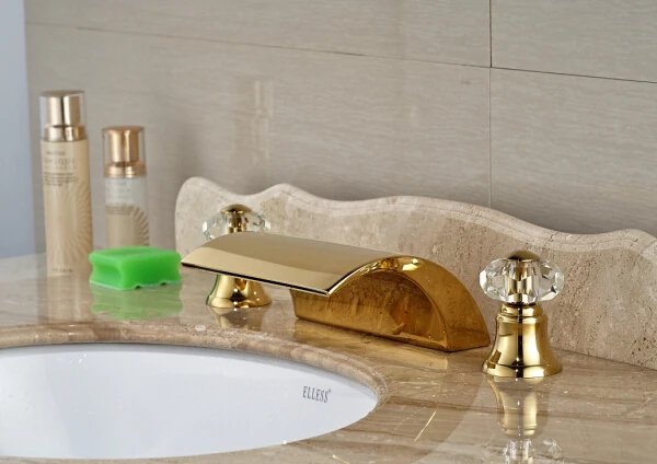 

Luxury Deck Mount Tub Mixer Tap Bathroom Waterfall Basin Crystal Handle Mixer Tap GoldenFinish