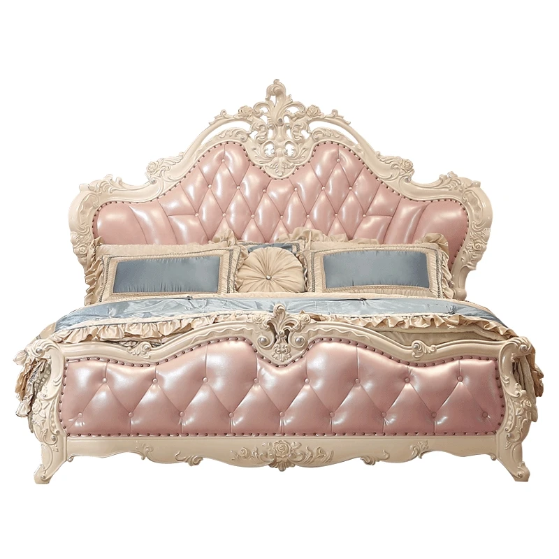 Solid Wood Pink Color French Style Luxury Bedroom Furniture Sets leather bed Solid Wood Pink Color French Style Luxury Bedroom Furniture Sets leather bed