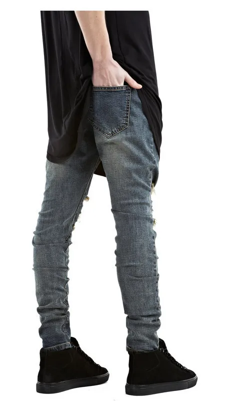 Новая мода патч для мужчин ретро 80s джинсы колено рэп отверстие молнии мото Байкер свободные тонкие рваные джинсы мужские брюки дропшиппинг
