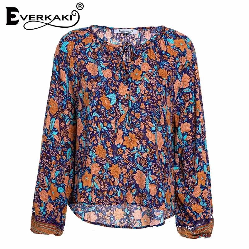 Everkaki, женская блузка в стиле бохо, модная, хлопок, цветочный принт, рукав-фонарик, топы, богемный стиль, v-образный вырез, шнуровка, блузки для женщин, весна - Цвет: Muliticolor