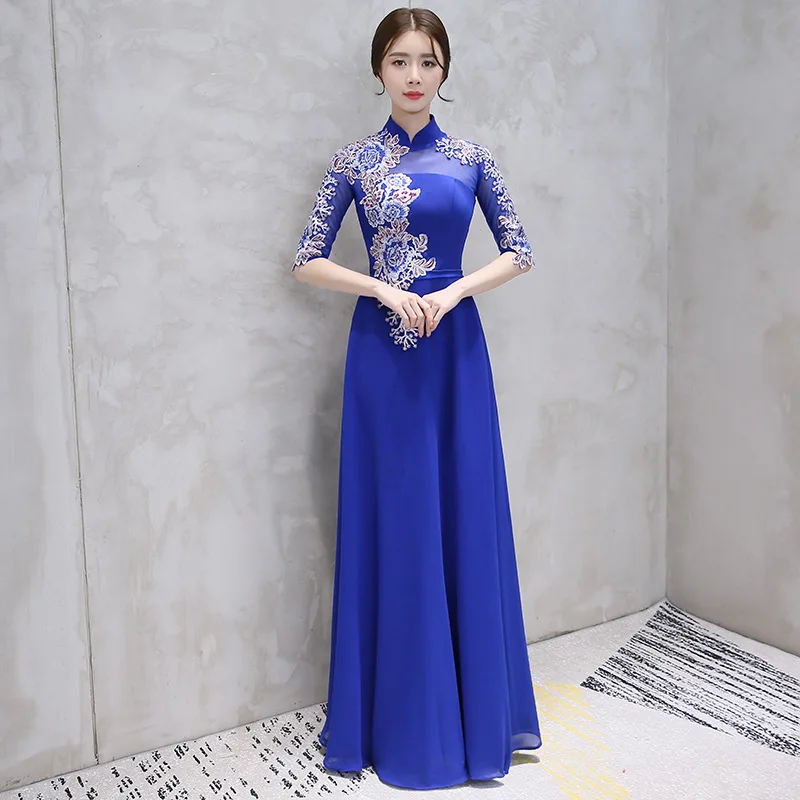 Китайское вечернее платье летнее женское цветочное вышитое свадебное традиционное платье Ципао с рукавом три четверти элегантное кружевное платье Ципао - Цвет: blue