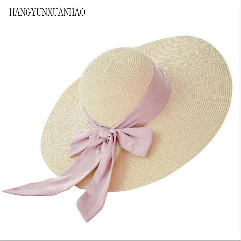 

Fashion Straw Hat for Women Summer Casual Wide-brimmed Sun Hat with Tie-Knot Ladies Holiday Beach Hats Large Visor Floppy Chapea
