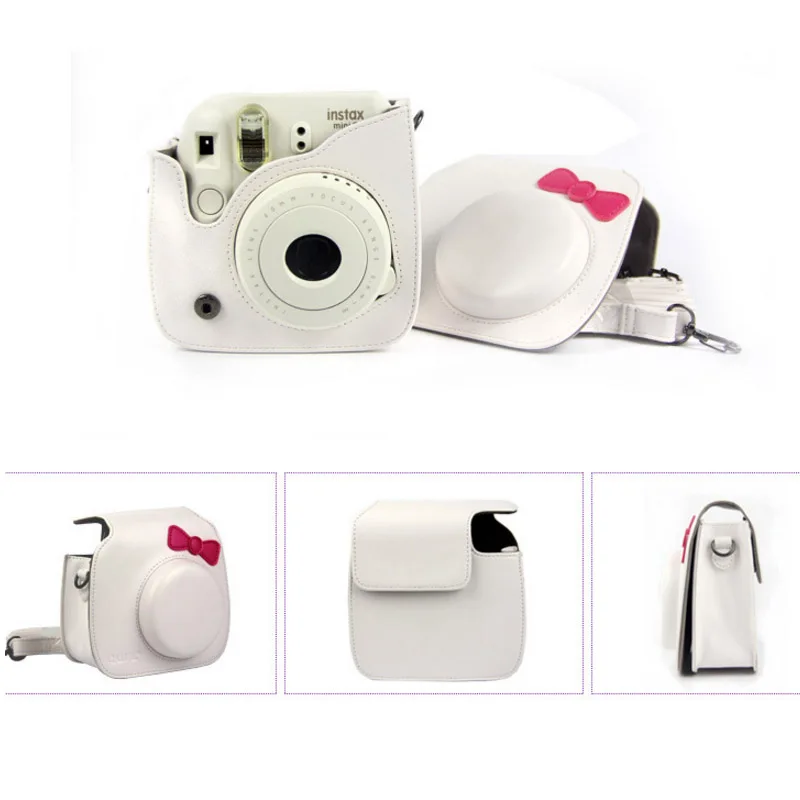 For Fujifilm Instax Mini Hello Kitty Bow-Knot Instant Film Photo Camera Carrying PU Leather Bag Case Cover with Shoulder Strap