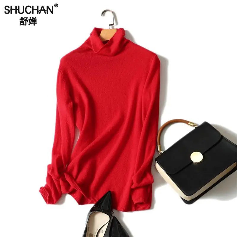 

Shuchan New Korean Style Turtleneck Sweater 100% Cashmere Sweater Pullover Soft Basic Pull Femme Slim Fit Women Long Sleeve Tops