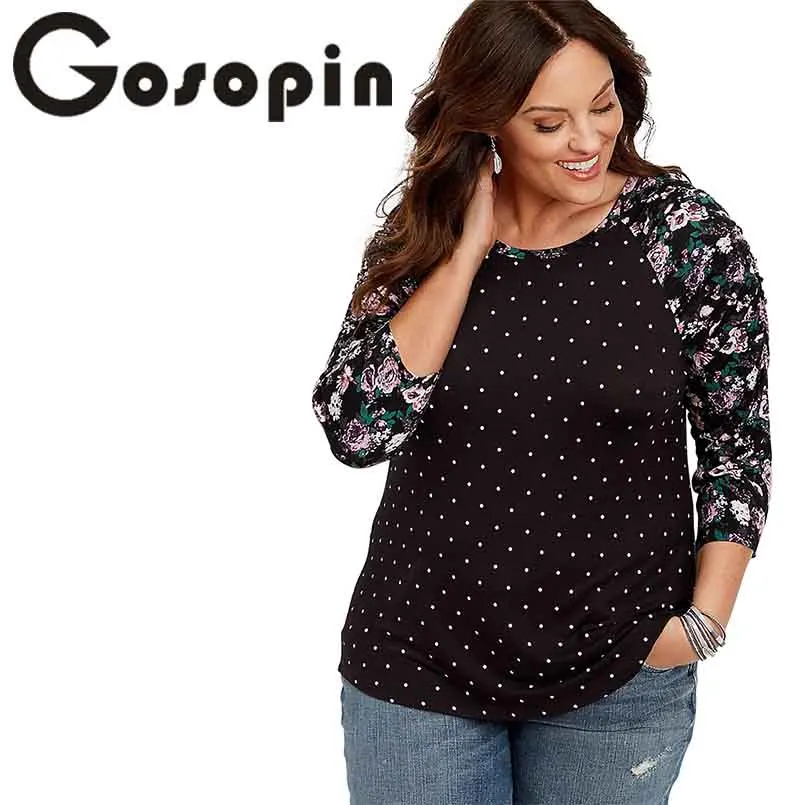 

Gosopin Floral Print Plus Size T Shirt 5XL Womens Long Sleeve Dotty Top T Shirt Women Lange Mouwen Fashion Casual Shirt 251514