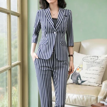 

Summer Work Fashion Pant Suits 2 Piece Set for Women Single Button Striped Half Sleeve Blazer Jacket & Trouser Office Lady Suit