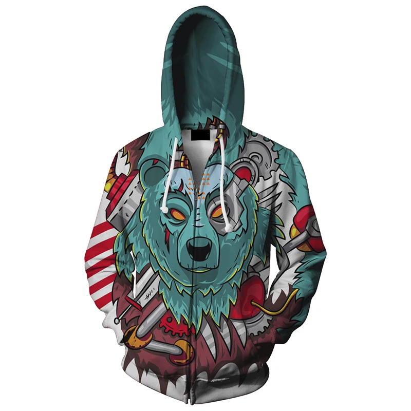 Cloudstyle 3D Zip Up Hoodies Men Machine Demon Bear 3D Print Hipster