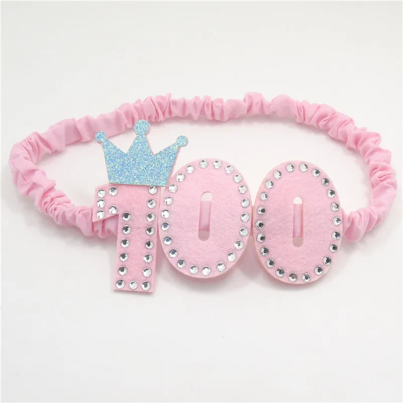 10pcs/lot Pink 100th Day of School Stretchy Headband Clear Rhinestone