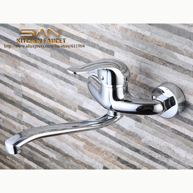 Hot Sale Chrome Brass Wall Mounted  Kitchen Sink Faucet Mixer Tap Swivel Spout 2131181