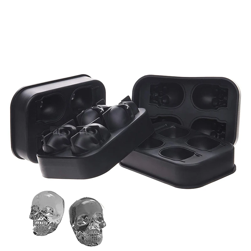 

3D Skull Flexible Silicone Ice Cube Mold Tray, Makes Four Giant Skulls, Round Ice Cube Maker, Black