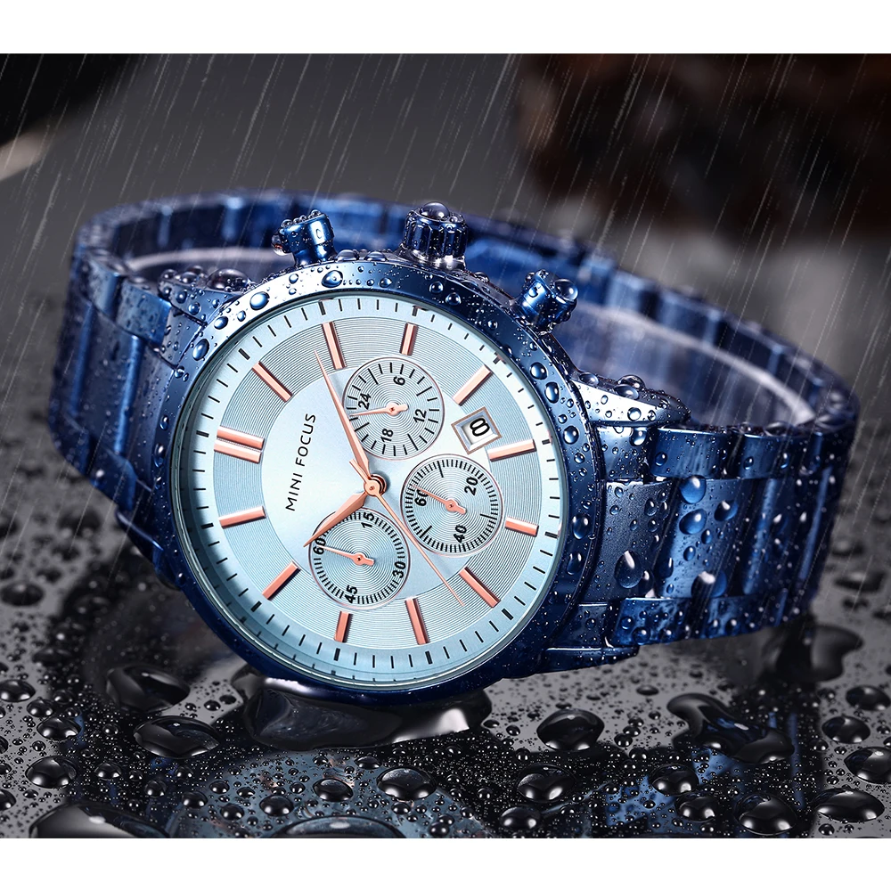

MINI FOCUS Dress Quartz Clock Ocean Blue Stainless Steel Strap 3 Sub-dials 6 Calendar Waterproof Mens Watches Top Brand Luxury