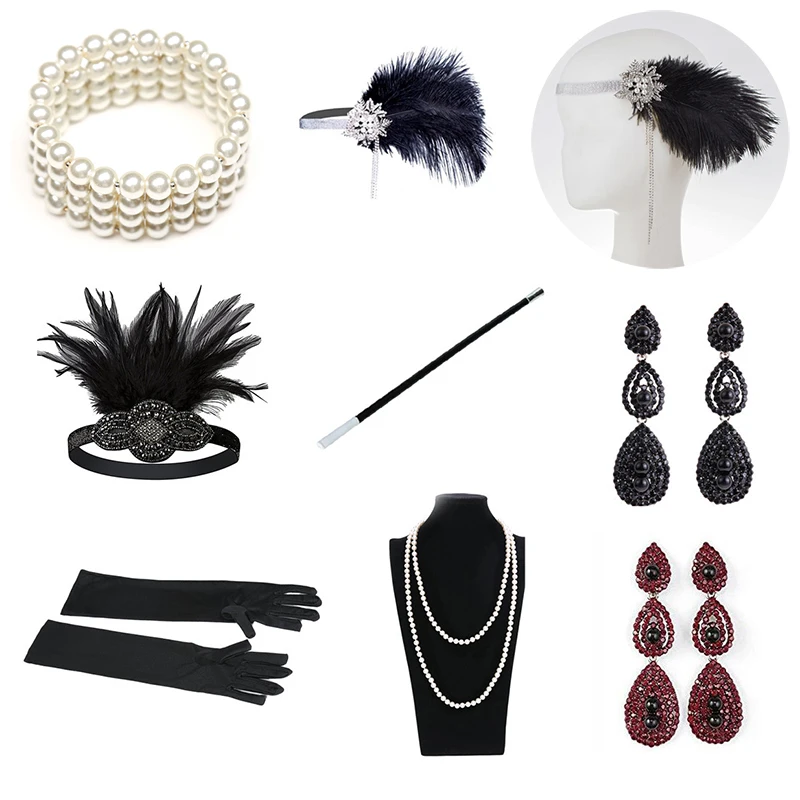 

1920s Great Gatsby Party Costume Accessories Set 20s Flapper Feather Headband Pearl Necklace Gloves Cigarette Holder 3 5 Pcs Set