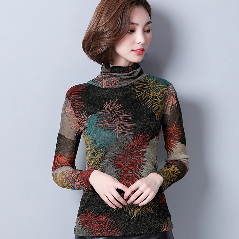 

Turtleneck Blouse Korean Fashion Clothing 2018 Autumn Floral Shirt Print Causal Female Slim Women Shirts Full Sleeve Womens Tops