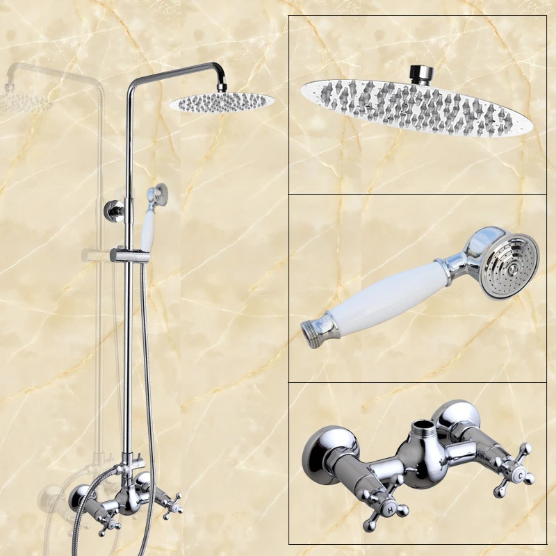 

Polished Chrome Brass Bathroom Wall Mount 8" inch Rain Shower Faucet Set with Hand Spray Dual Cross Handles Mixer Tap acy303