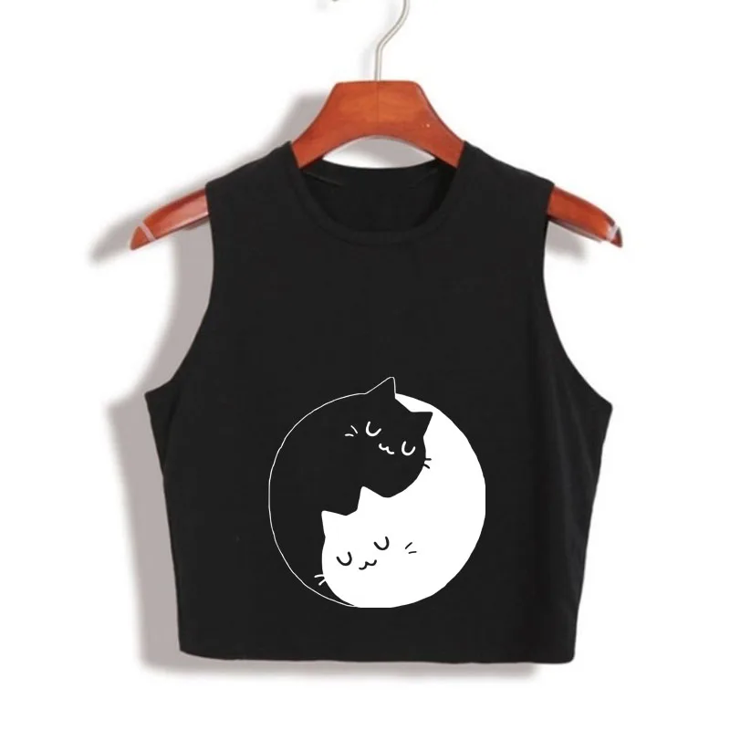 

Hot Summer Japanese Anime YIN YANG CAT Tank Tops Cute Funny Girls Fashion Cropped Crop Tops camisoles for women Cropped T Shirt