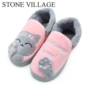 

Winter Women Home Slippers Men Lovers Lucky Cat Cartoon Cotton Flat Shoes Cover Heels Warm Plush Indoor Floor Slippers Women