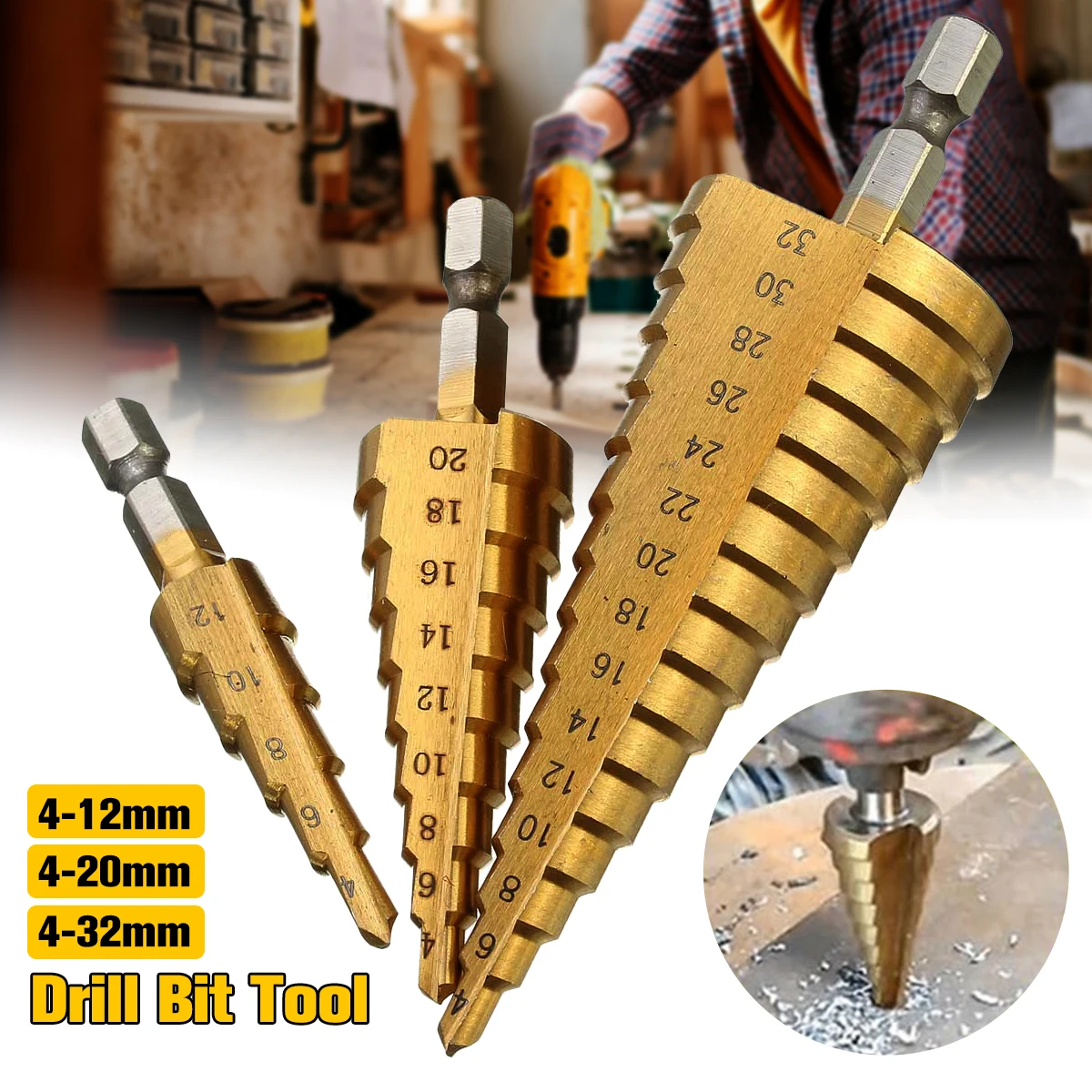 Drillpro Titanium HSS Step Drill Bits for Wood 4 12mm 4 20mm 4 32mm Metal Drilling Woodworking