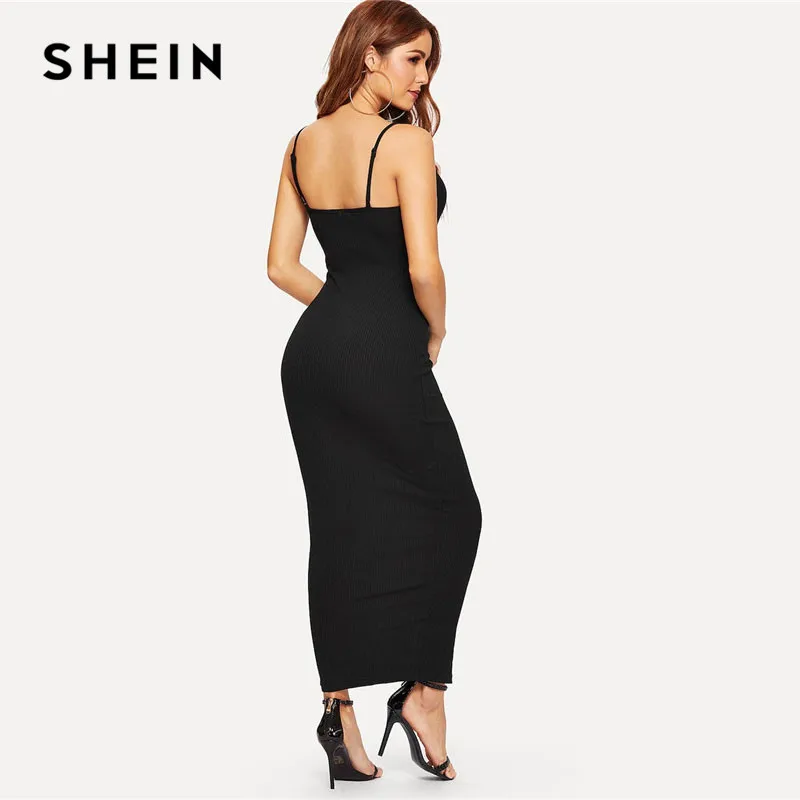 SHEIN Вязаное Облегающее Платье С Разрезом И Пуговицами Женское Осеннее Черное