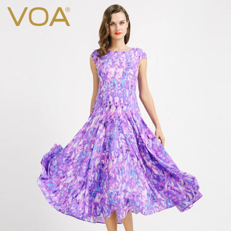 

VOA 2017 Summer new Europe stamp tee Silk Dress Lady swing dress A6706