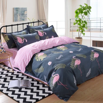 

Navy Blue Polyester Fabric Bedding Set Queen Size Pink Flamingo Printing Quilt Cover Sets 4pcs Beddings and Bedclothes