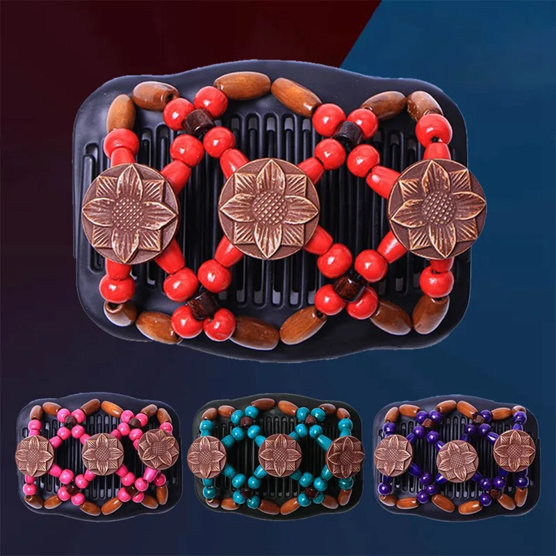 

1pcs/lot Classical Black Brown Red Sunflower African Butterfly Easy Magic Double Hair Stretchy Wooden Beads Combs New Fashion