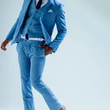 Лето г. синий льняные пляжные Нарядные Костюмы для свадьбы комплект из 3 предметов жениха фраки строгие костюм к ужину для Для мужчин шафер Жених костюм мужской пиджак