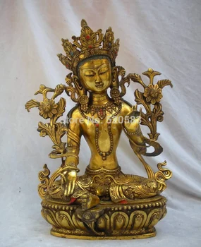 

16"Tibet Buddhism Classic Religion Gild Bronze Green Tara holy Buddha Statue fast
