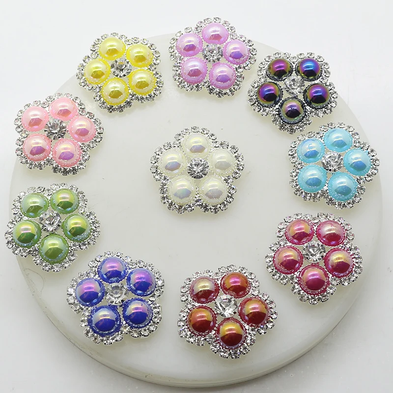 

10pcs/set 26mm Flower Rhinestone Button with Shank Clothes AB Pearl Metal Button for Wedding Hair DIY Accessories Decorative