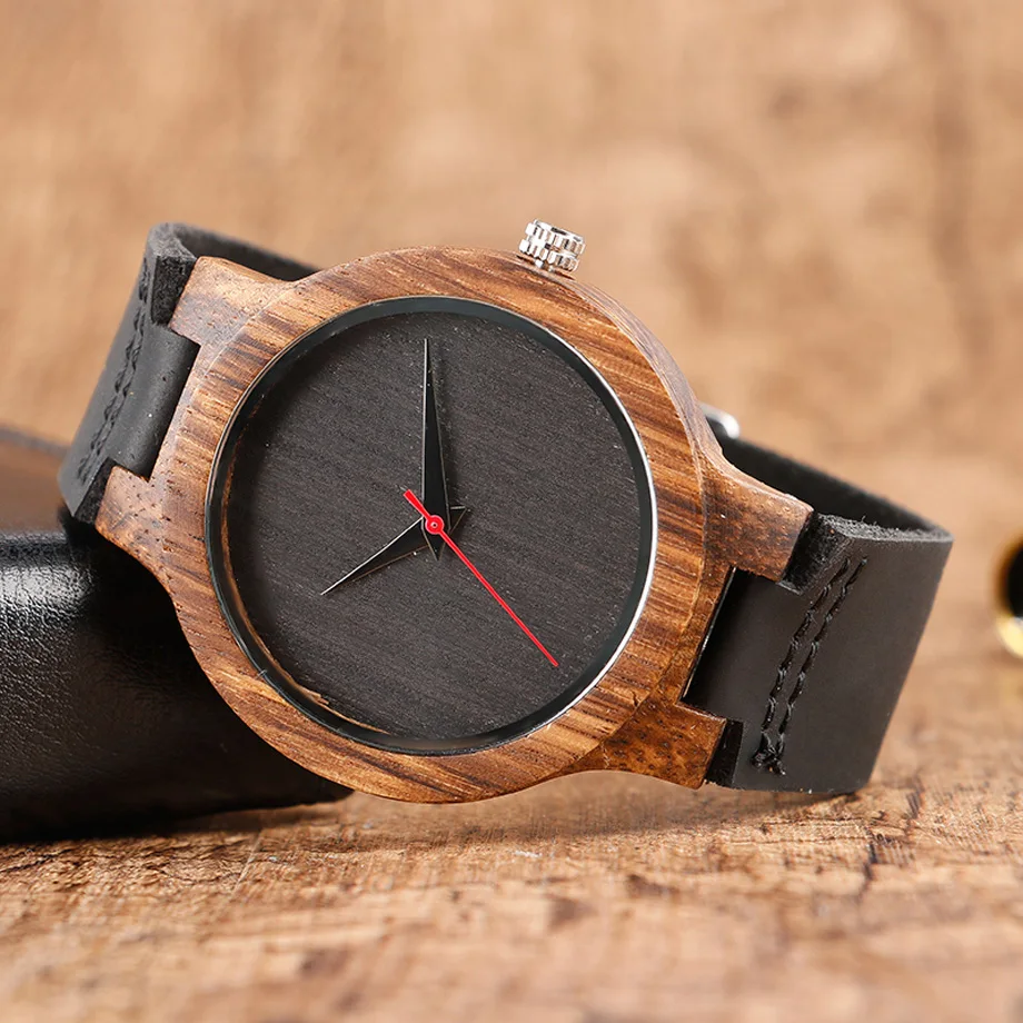 Top Men's Wooden Watches High Quality Black Handmade Natural Wood Bamboo Quartz-watch No Number Face Chic Second Hand Clock Male (24)