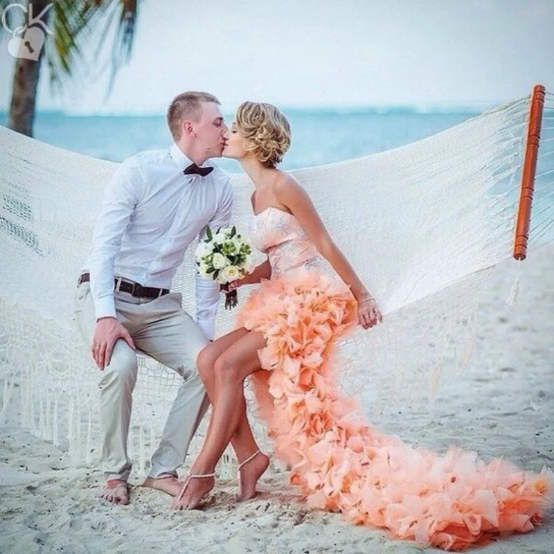 Beach High Low Wedding Dresses 2016 Backless Long Train Coral