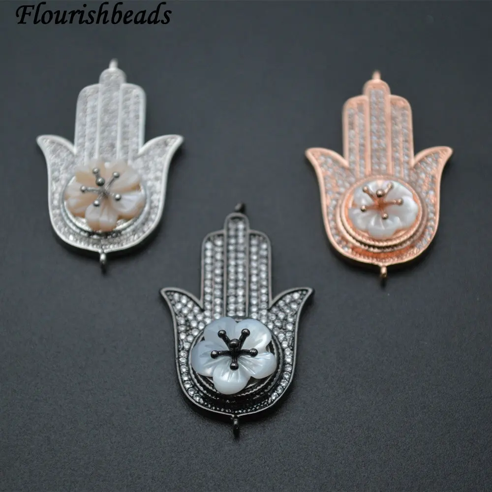 

New Design Natural White Shell Flower and CZ Beads Setting 20x30mm Metal Hand Bracelet Charms Jewelry Connectors