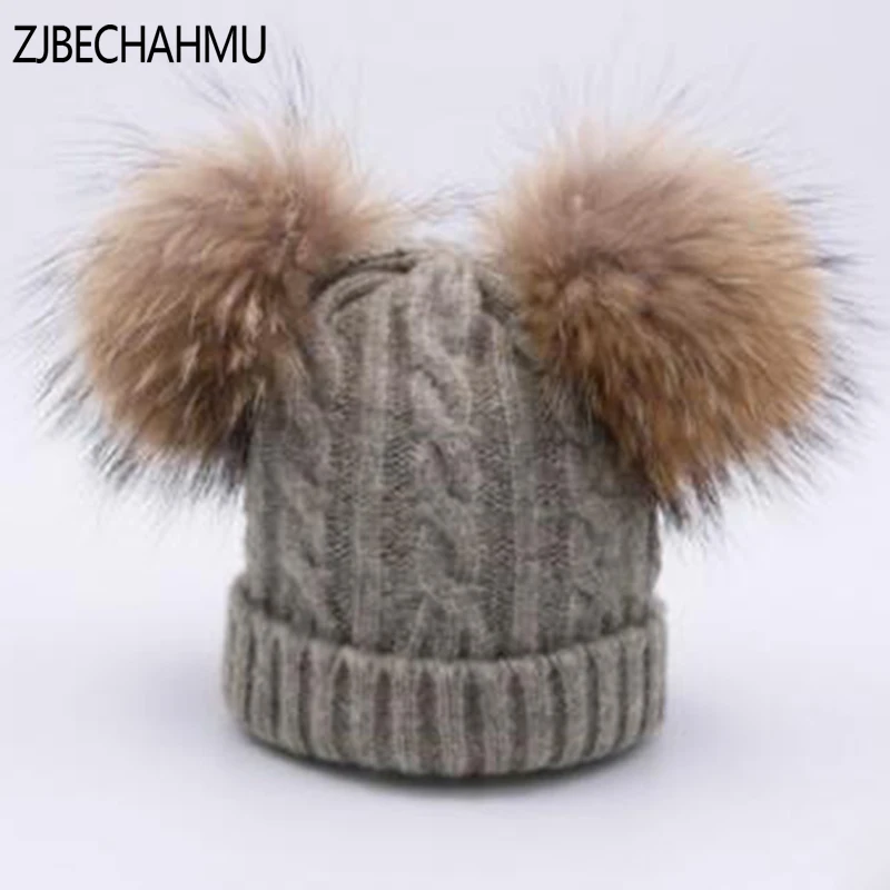

Fashion Real Fox Fur Mink Pompoms Hats For Women Children Gir lWinter Hat Solid Wool Warm Skullies Beanies Hat New Brand
