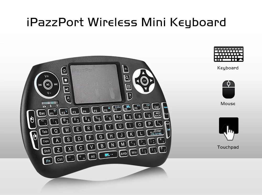 IPazzPort Мини 2,4 ГГц Беспроводная QWERTY клавиатура Портативный тачпад и подсветка для ПК/Smart tv/Android tv Box