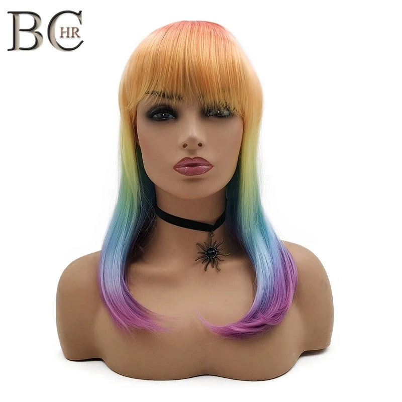 Peluca recta de Color arcoíris de 18 pulgadas BCHR para mujer peluca sintética con Peluca de Cosplay de explosión plana envío gratis Peluca recta de Color arcoíris de 18 pulgadas BCHR para mujer peluca sintética con Peluca de Cosplay de explosión plana envío gratis
