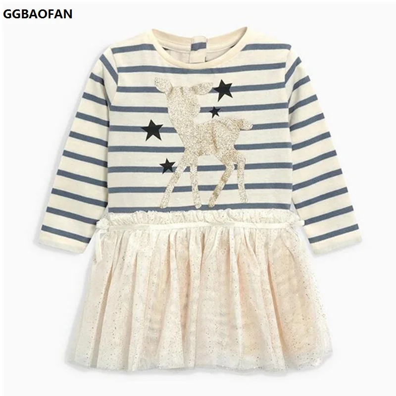 

2019 Spring Baby Girl Deer Cartoon Cotton Striped Mesh Dress For Girls Long-sleeved Lovely Princess Children's Clothes 2-7Y