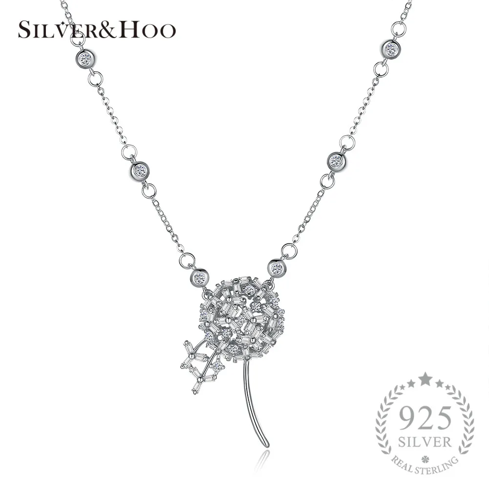 

SILVERHOO Dandelion Pendant Necklace Luxury Zircon Clear Crystal Women Gift Fine Jewelry Collier with Chain 925 Sterling Silver