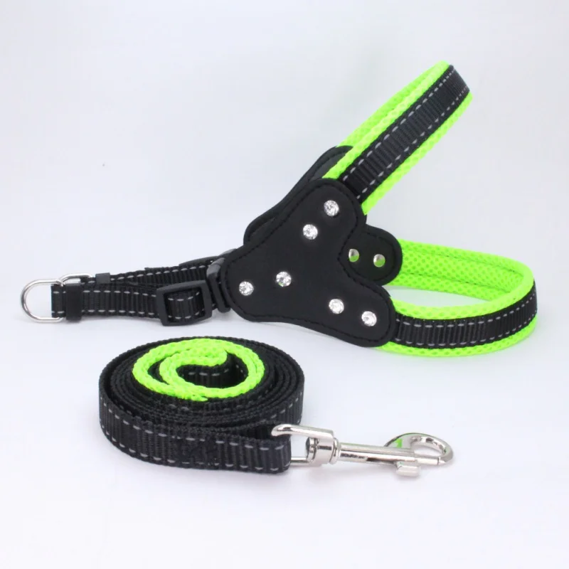 

Rhinestone Mesh Pet Breast Set With Traction Belt Accessories Pet Supplies