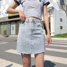 Повседневные летние юбки женские с завышенной талией однотонные модные джинсовые юбки