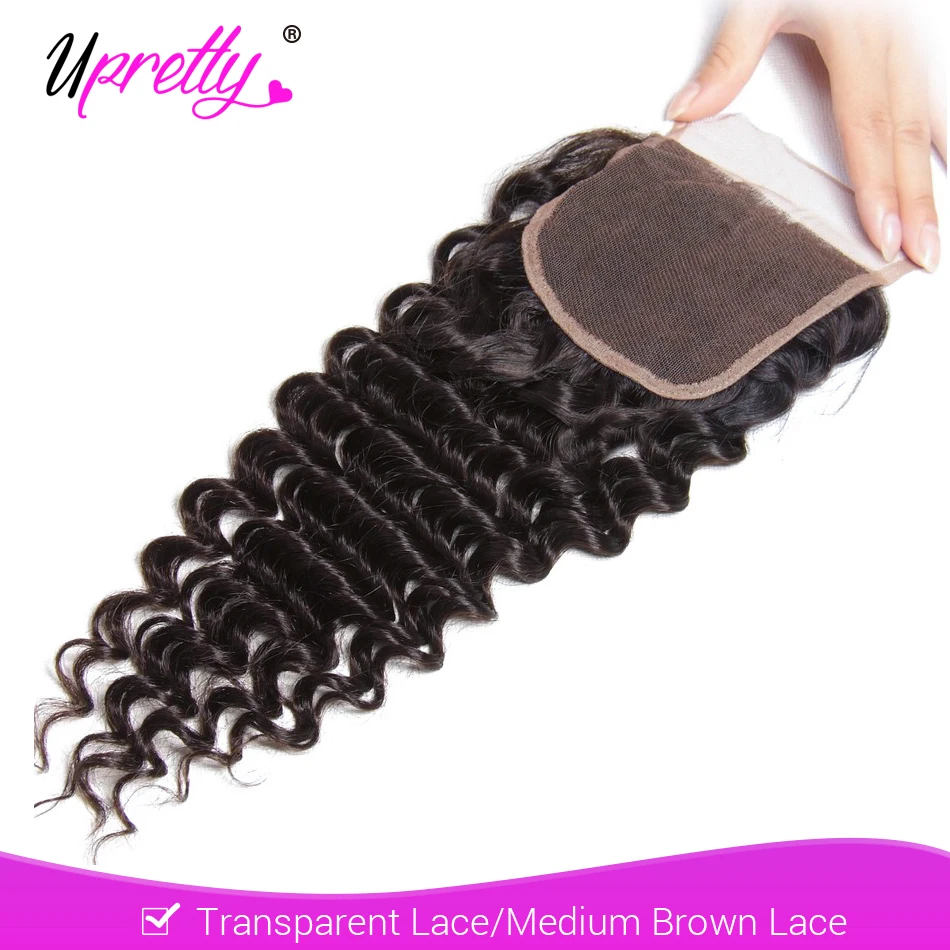 

Upretty Hair 4x4 Lace Closure Remy Human Hair Brazilian Deep Wave Closure Swiss Lace Free Middle Part Natural Black Color