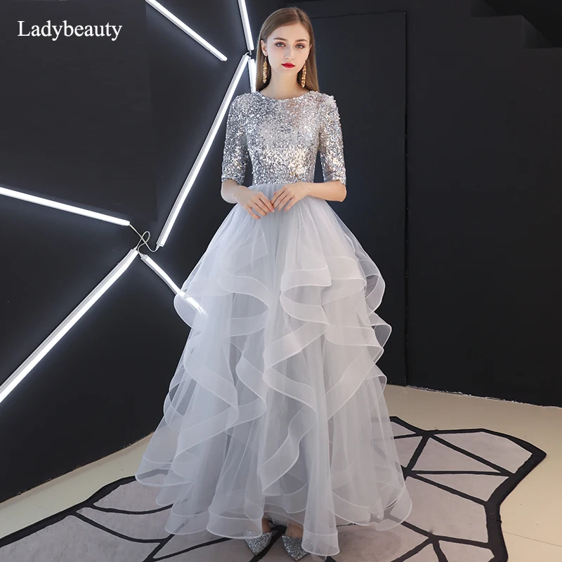 

Ladybeauty Evening Dress 2019 Luxury Sequins Half Sleeve Evening Gowns Gray Party Dresses Robe De Soiree Dress
