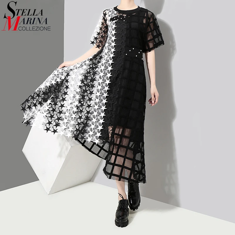 

2019 Women Summer Long Black White Lace Dress Hollow Out Girls Evening Night Party Sexy Club Asymmetrical Dress Robe Femme 3517