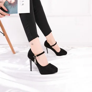 

Sexy Waterproof Platform High Heel Women'S Single Shoes Versatile Suede Fashion Metal Decorative Buckle Women'S Shoes Female